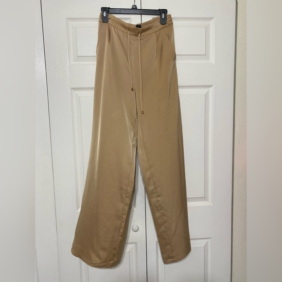 NWT AMANDA MARIA Drawstring Tan Wide-Leg Pants size L - Picture 1 of 5